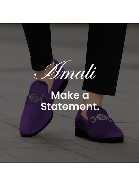 Amali Men\'s Lavender Velvet Loafer Lion Head Buckle Slip On Smoking Tuxedo Shoes main image 4